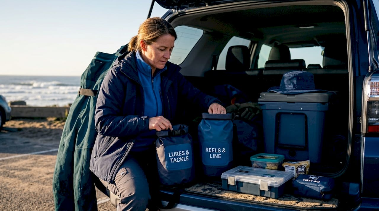 Packing fishing gear in organized dry bags