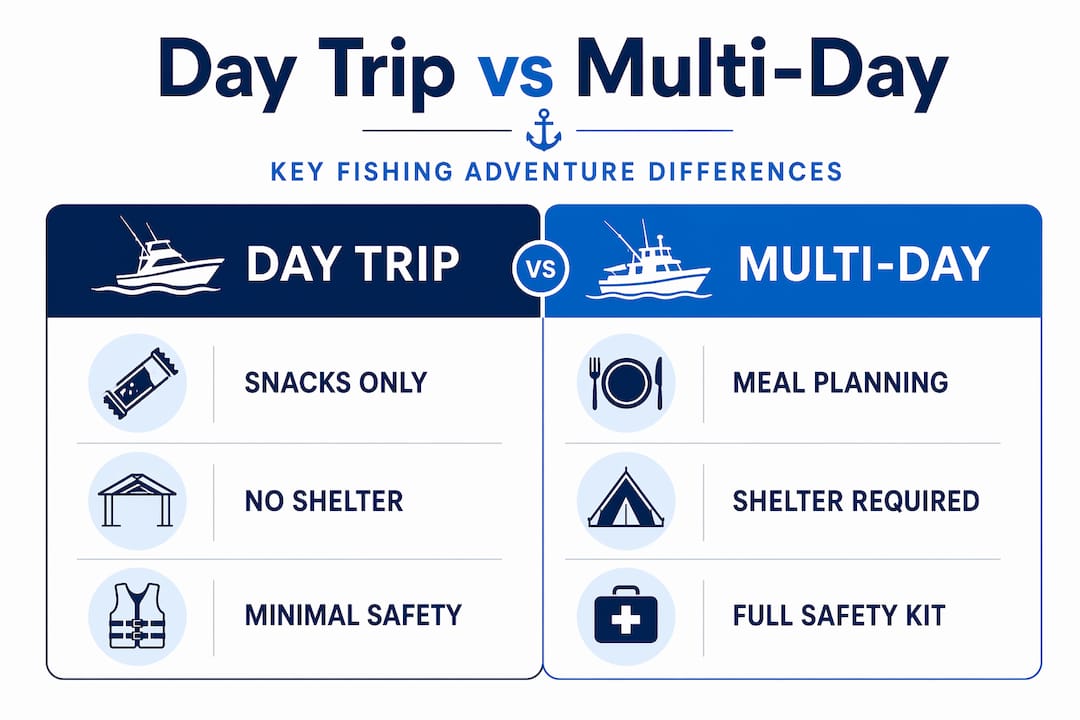Infographic comparing day trip and multi-day fishing essentials