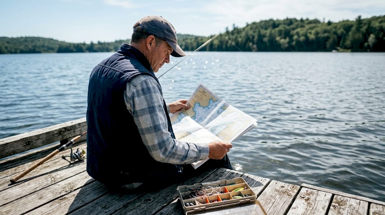 Angler reading fishing chart by lake