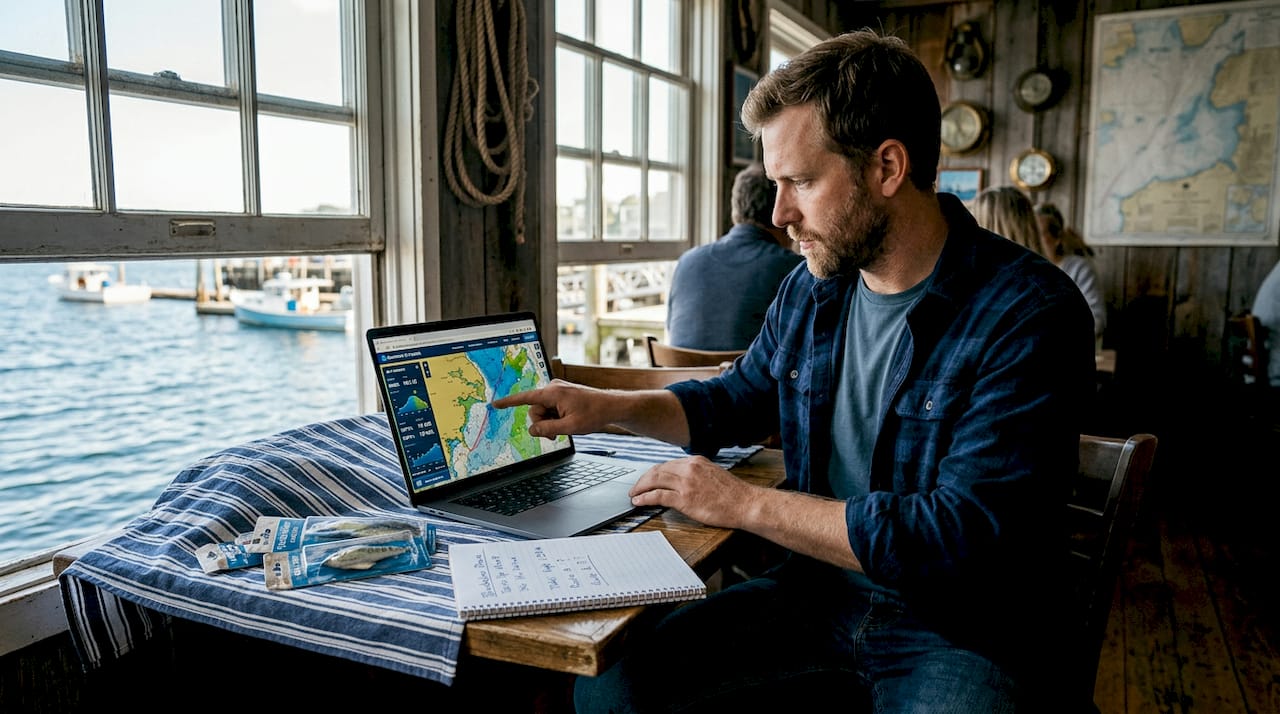 Fisherman using chart app with weather overlay