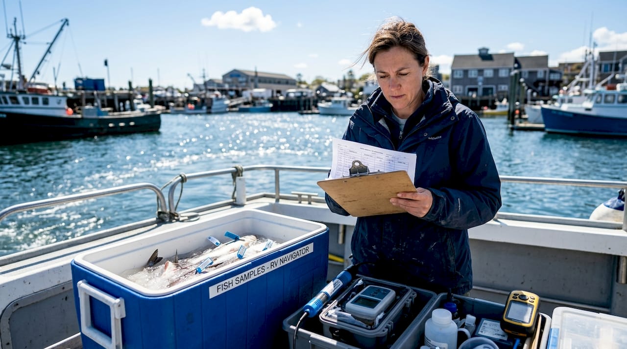 Marine biologist reviewing sustainable fishing data on boat deck