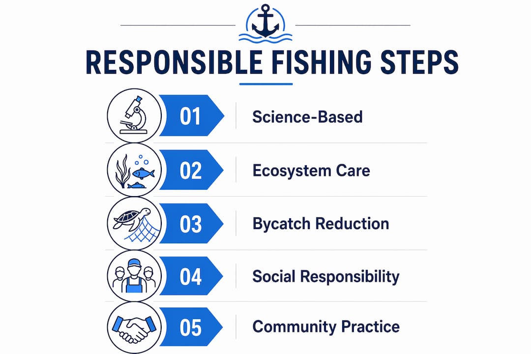 Infographic outlining five key steps of responsible fishing