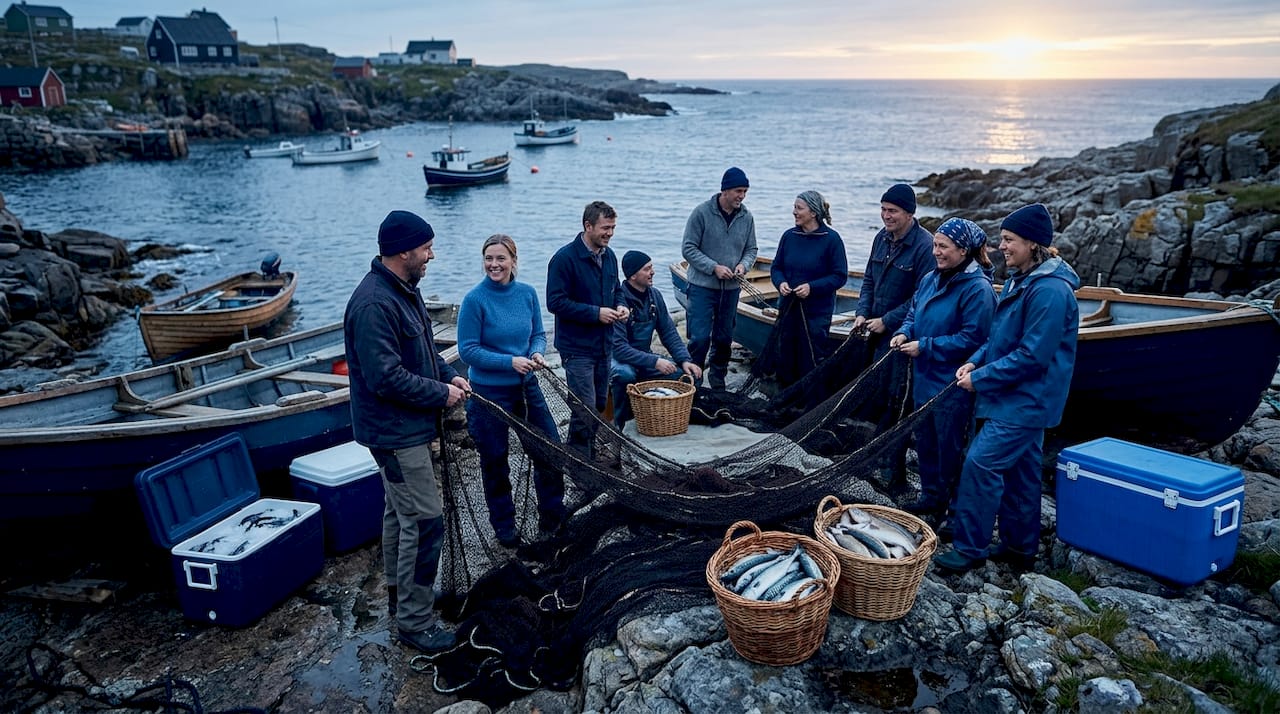 Fishermen gathered on beach preparing nets