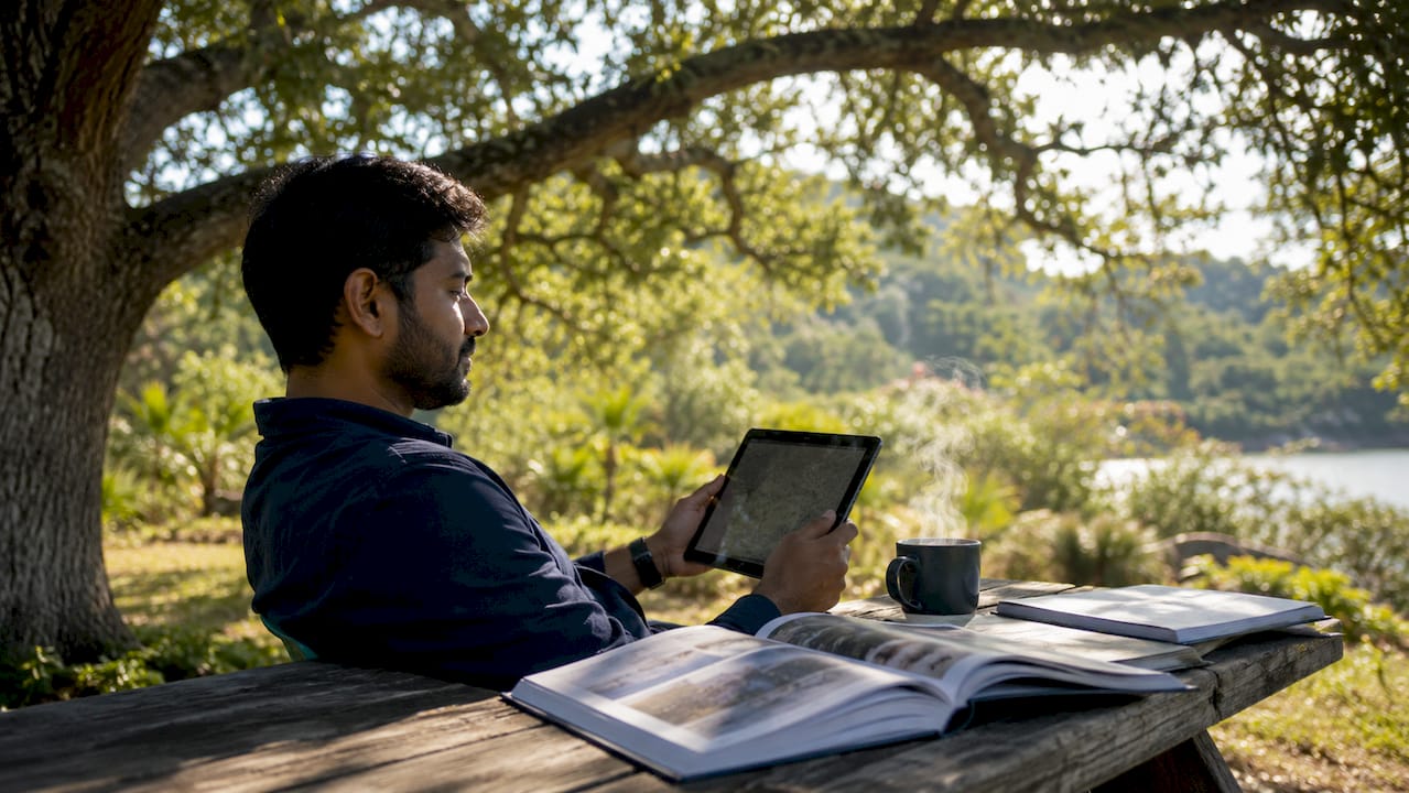 Man researching fishing trips on tablet at home office