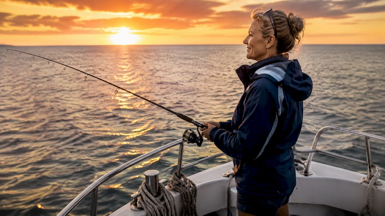 Angler on fishing boat at dawn looking at ocean