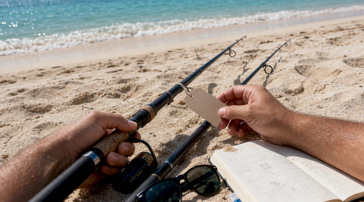 Hands comparing fishing rods and using sustainability app