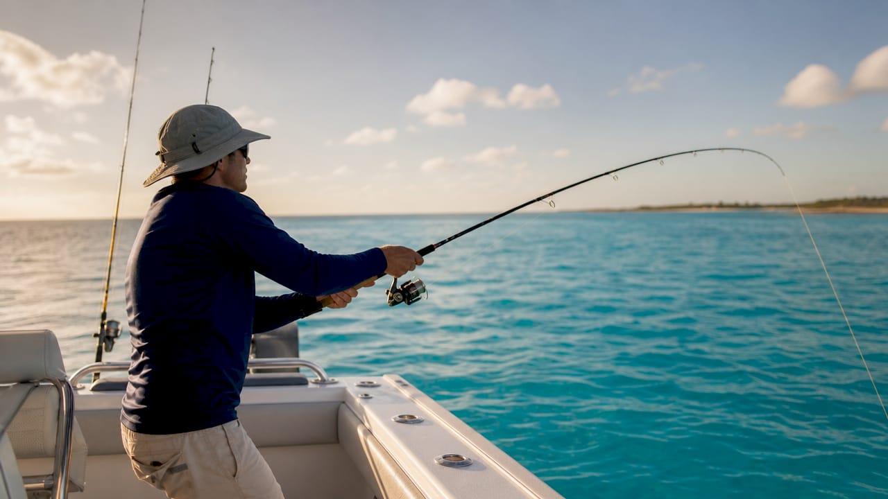 Angler casting line off boat at sea