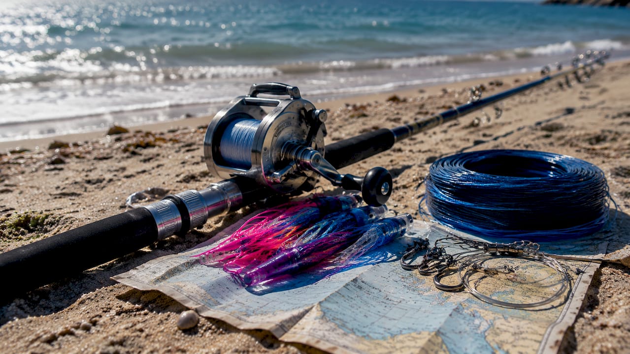 Marlin fishing gear laid out on dock
