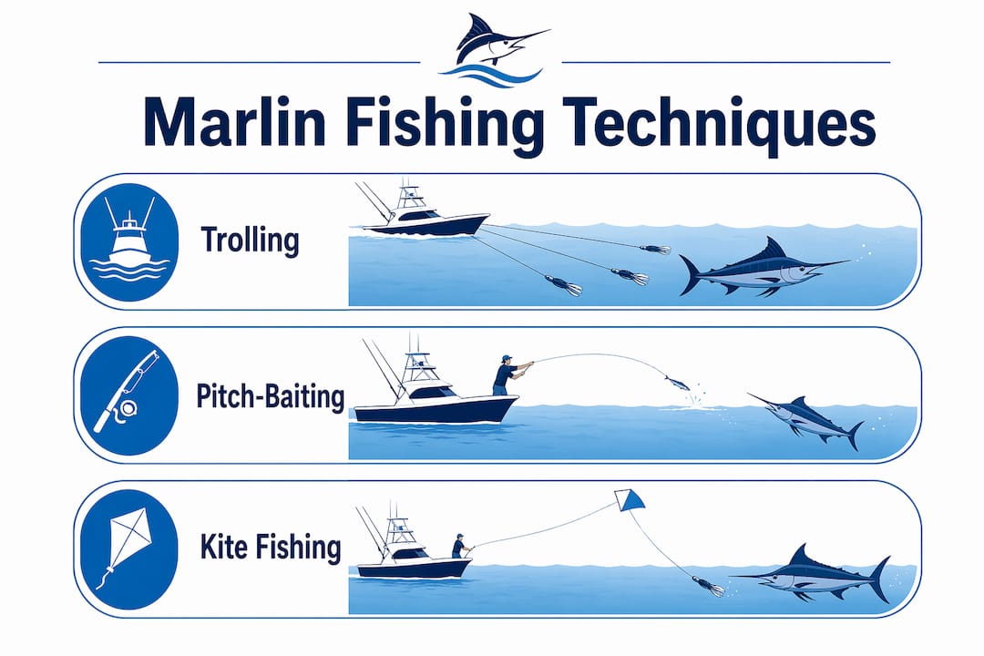 Infographic of marlin fishing technique steps