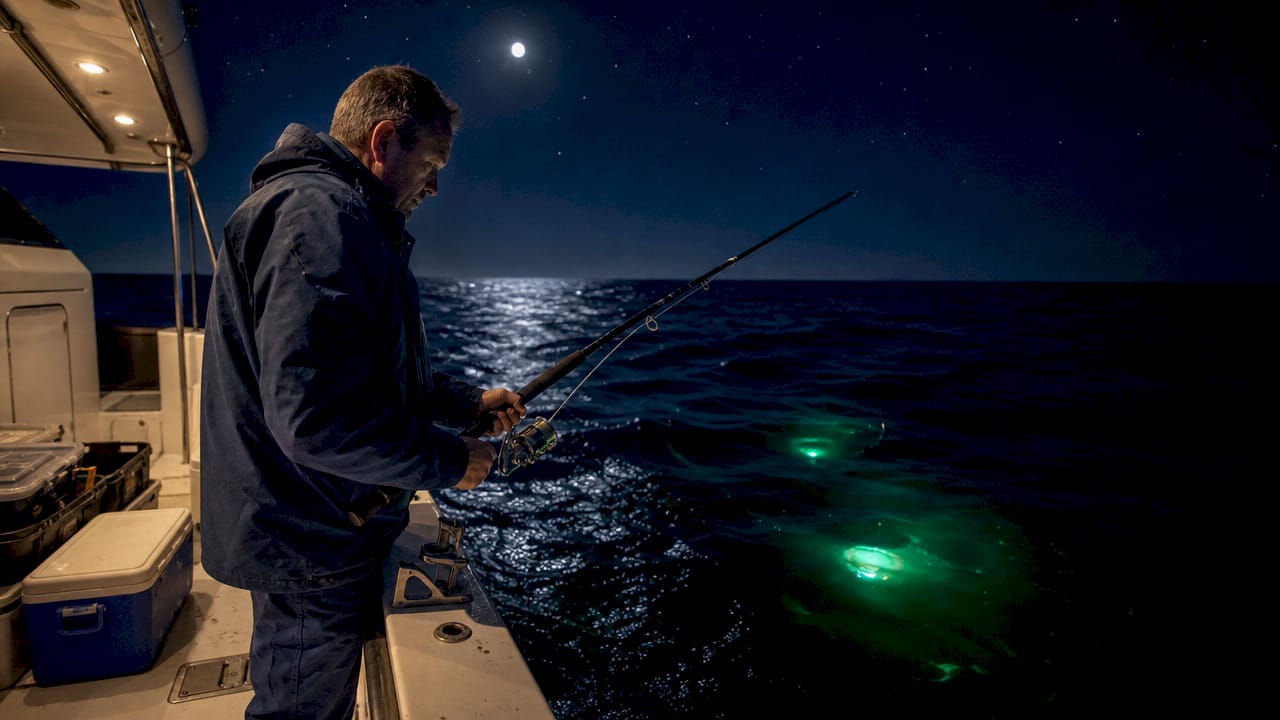 Angler fishing at night on offshore boat