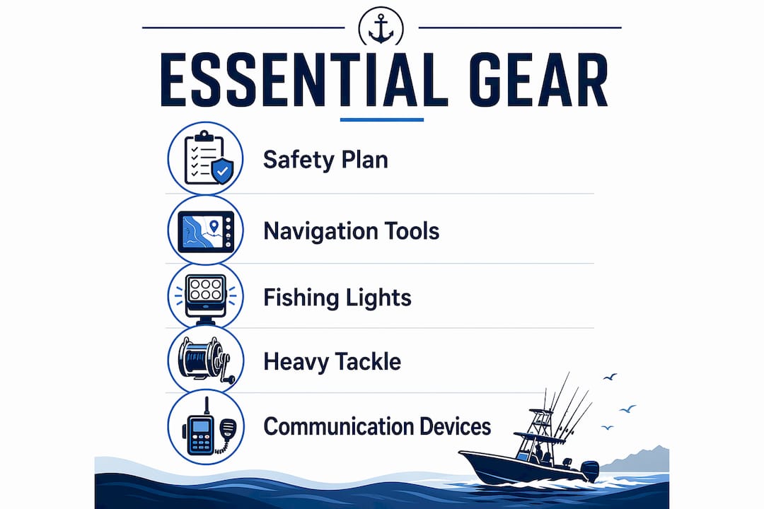 Infographic illustrating essential night offshore fishing gear