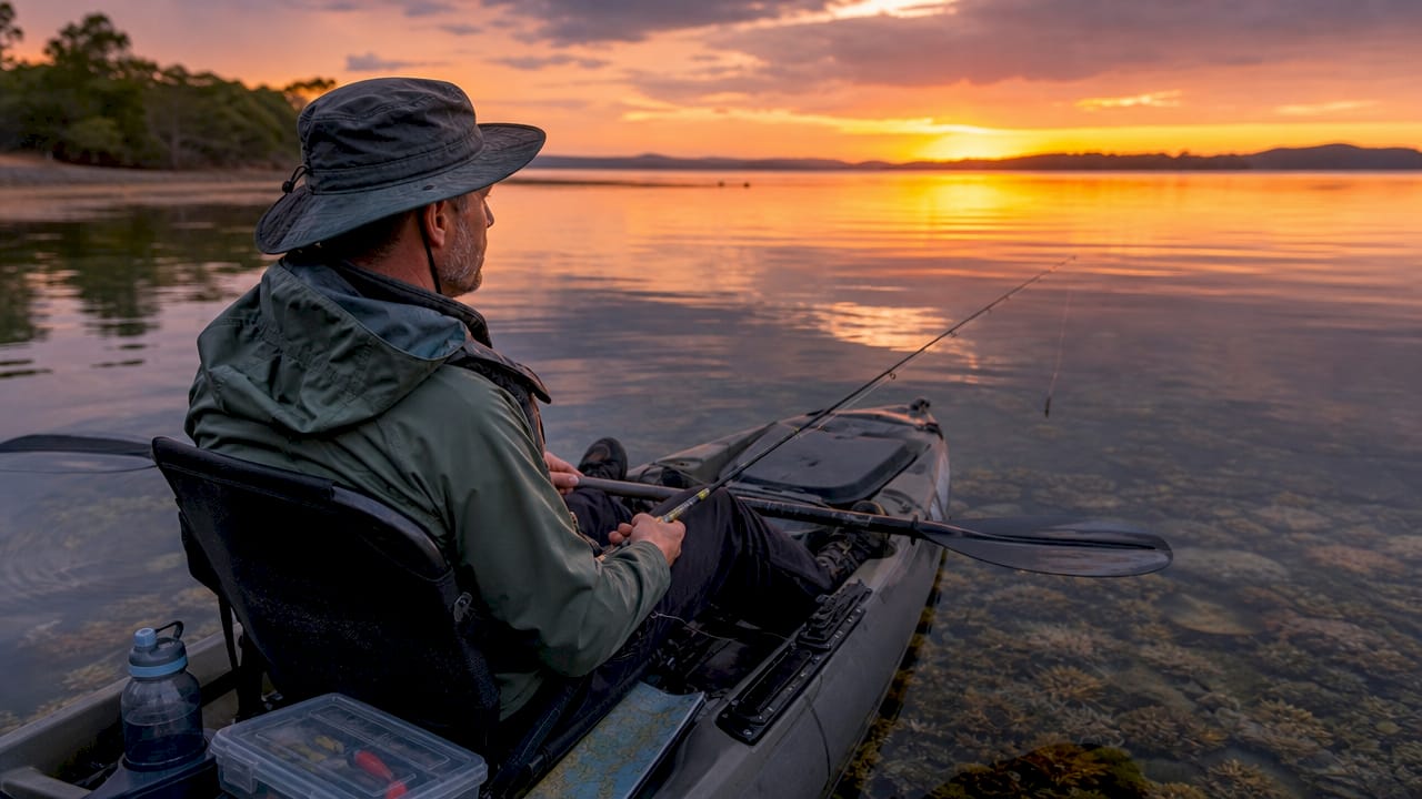 Angler fishing on river near shallow structures at dawn