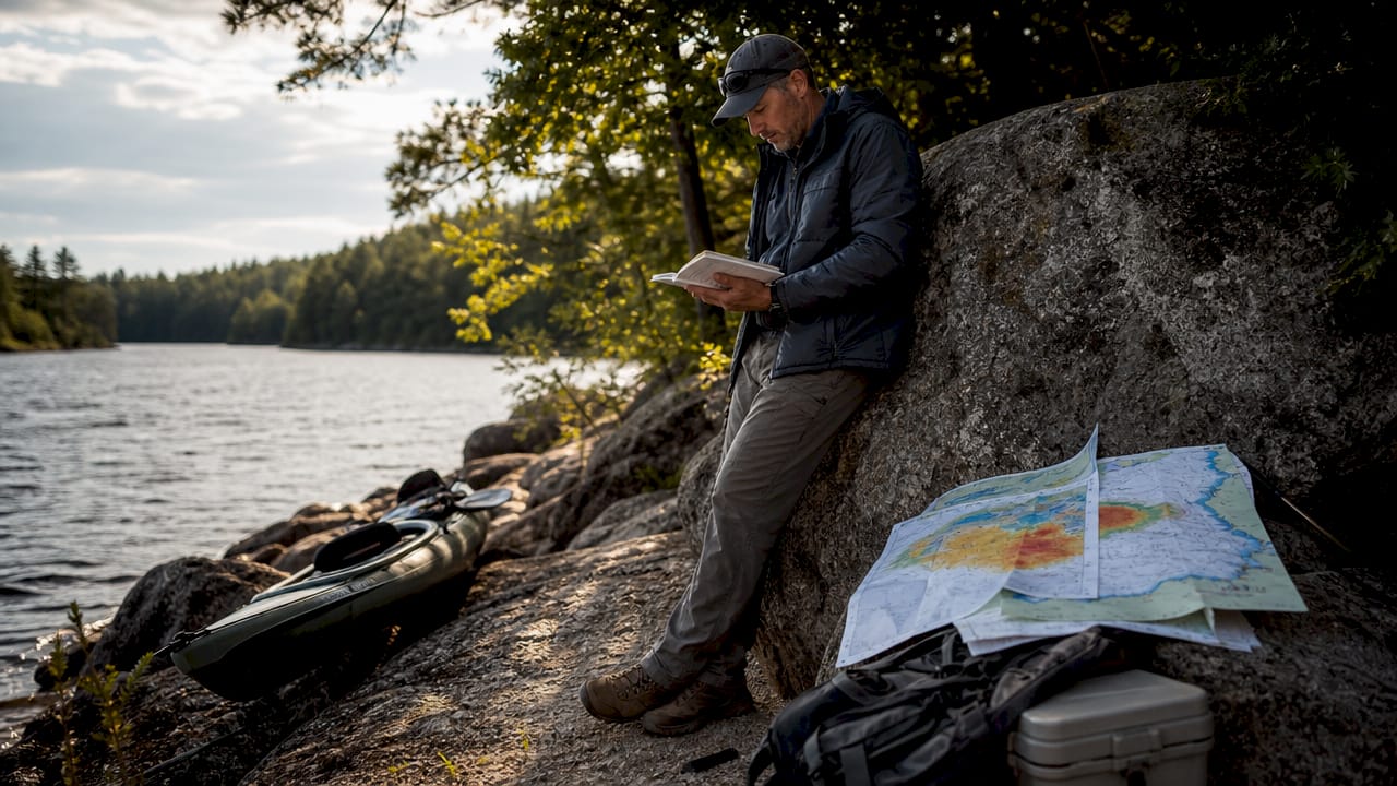 Angler reviewing game fishing planning materials