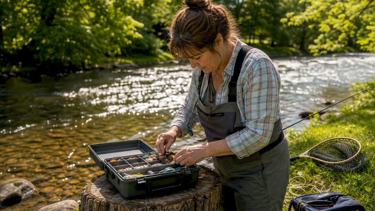 Close-up of organized fishing tackle preparation