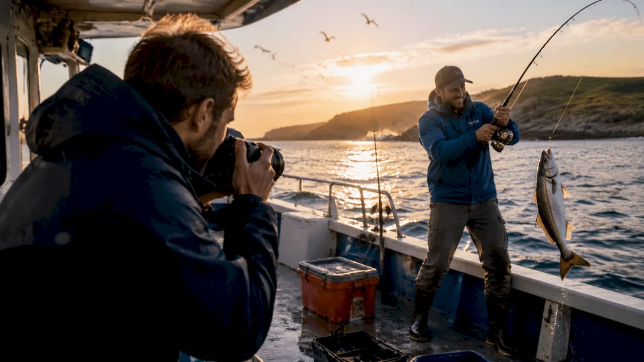 Photographer capturing angler reeling fish on boat