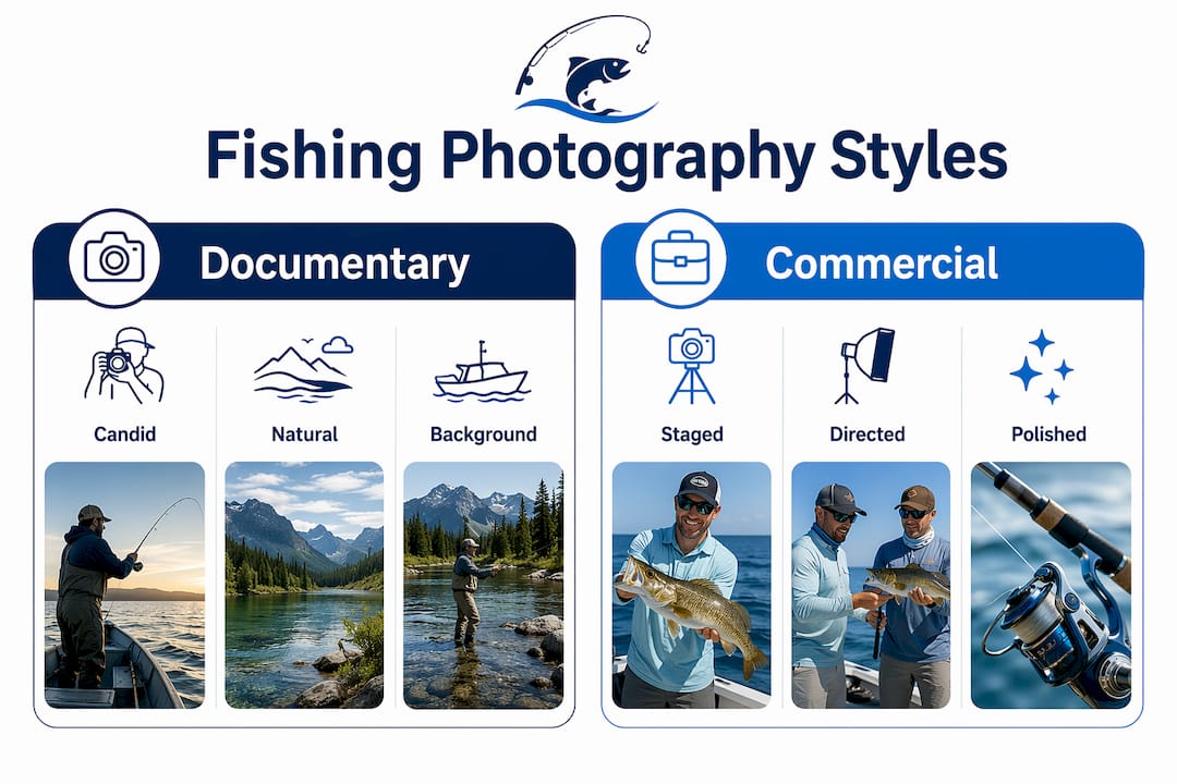 Infographic comparing documentary and commercial fishing photography styles