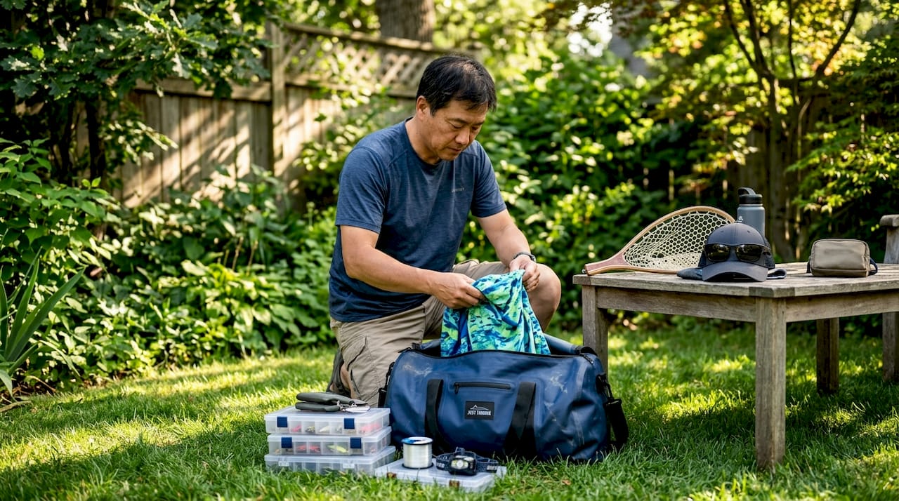 Hands packing fishing gear in garage