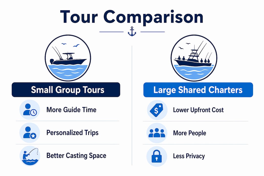 Infographic comparing small group and large shared fishing tours