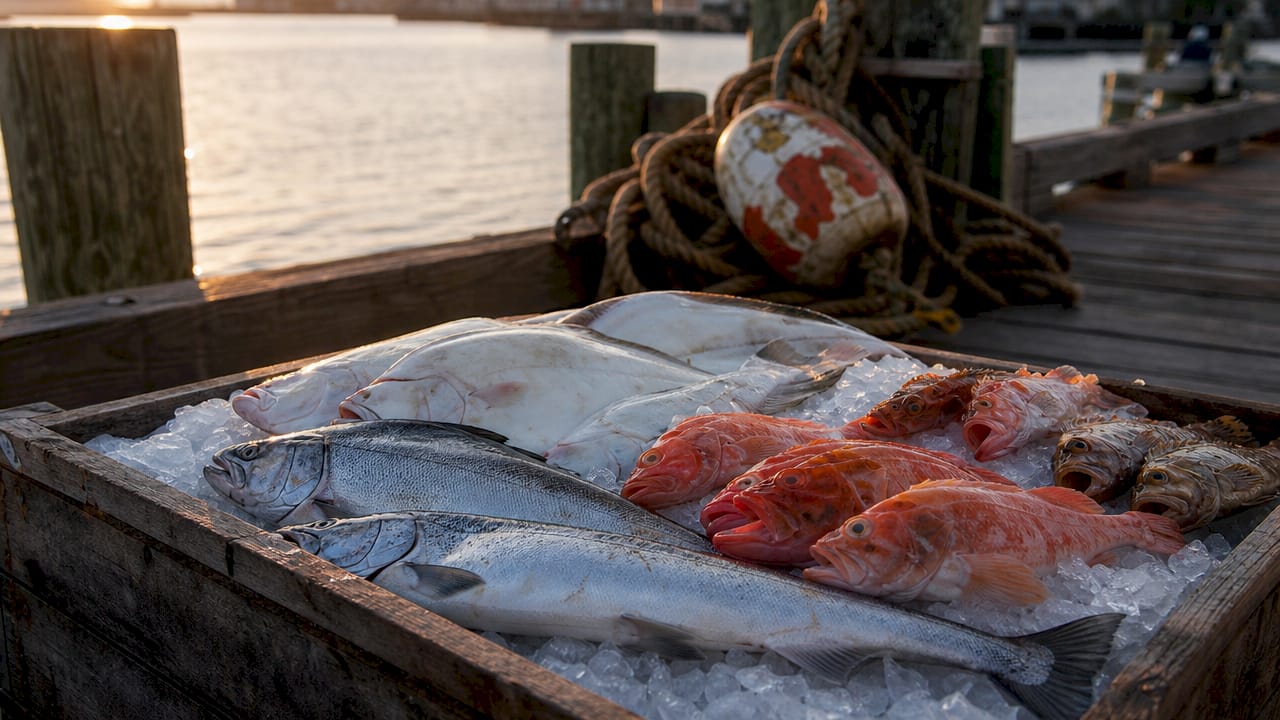 Variety of fresh fish species on dock
