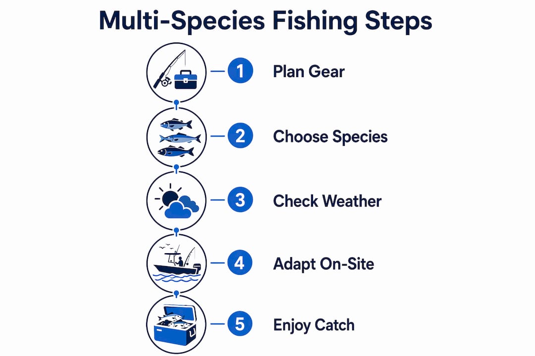 Infographic illustrating steps for multi-species fishing trip planning