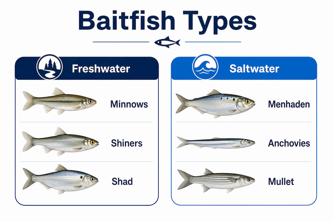Infographic comparing freshwater and saltwater baitfish types