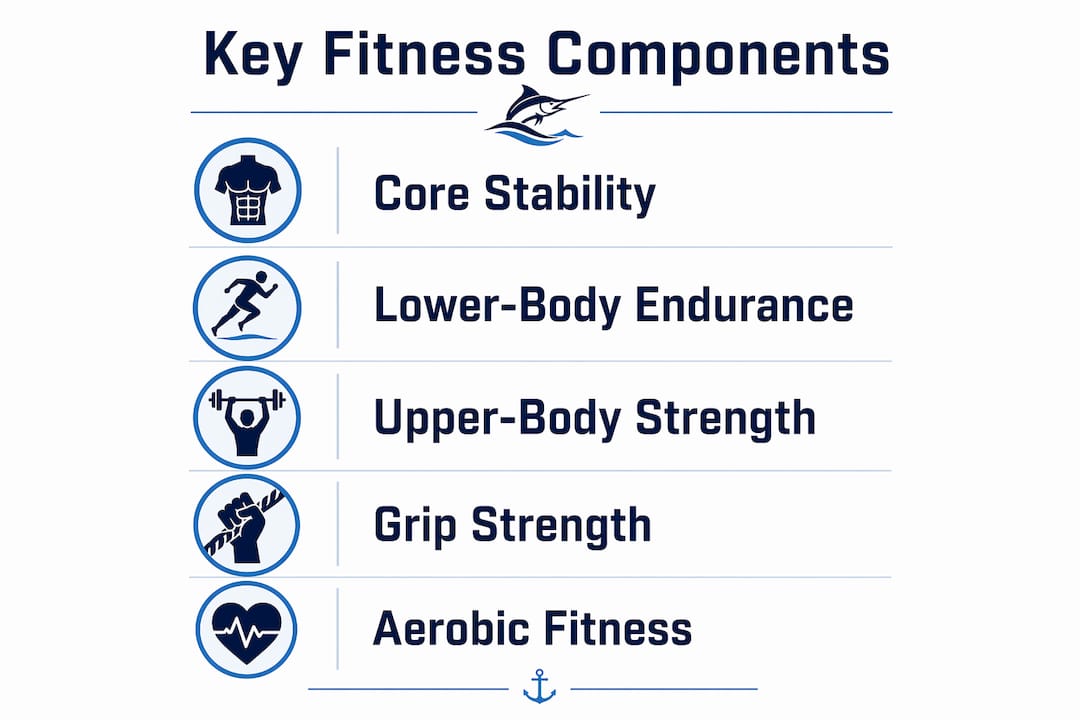 Infographic showing key fitness components for offshore anglers