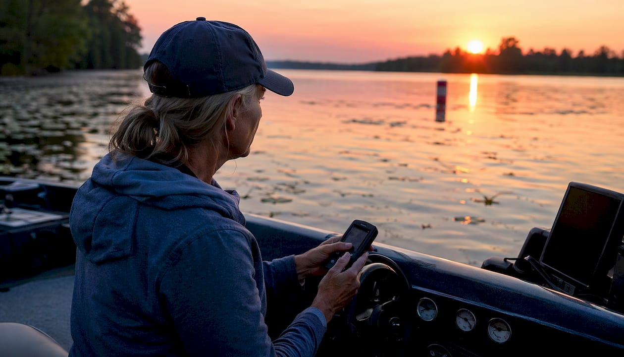Female angler monitoring boat position on lake