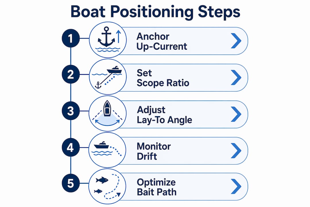 Infographic illustrating steps of boat positioning techniques for fishing