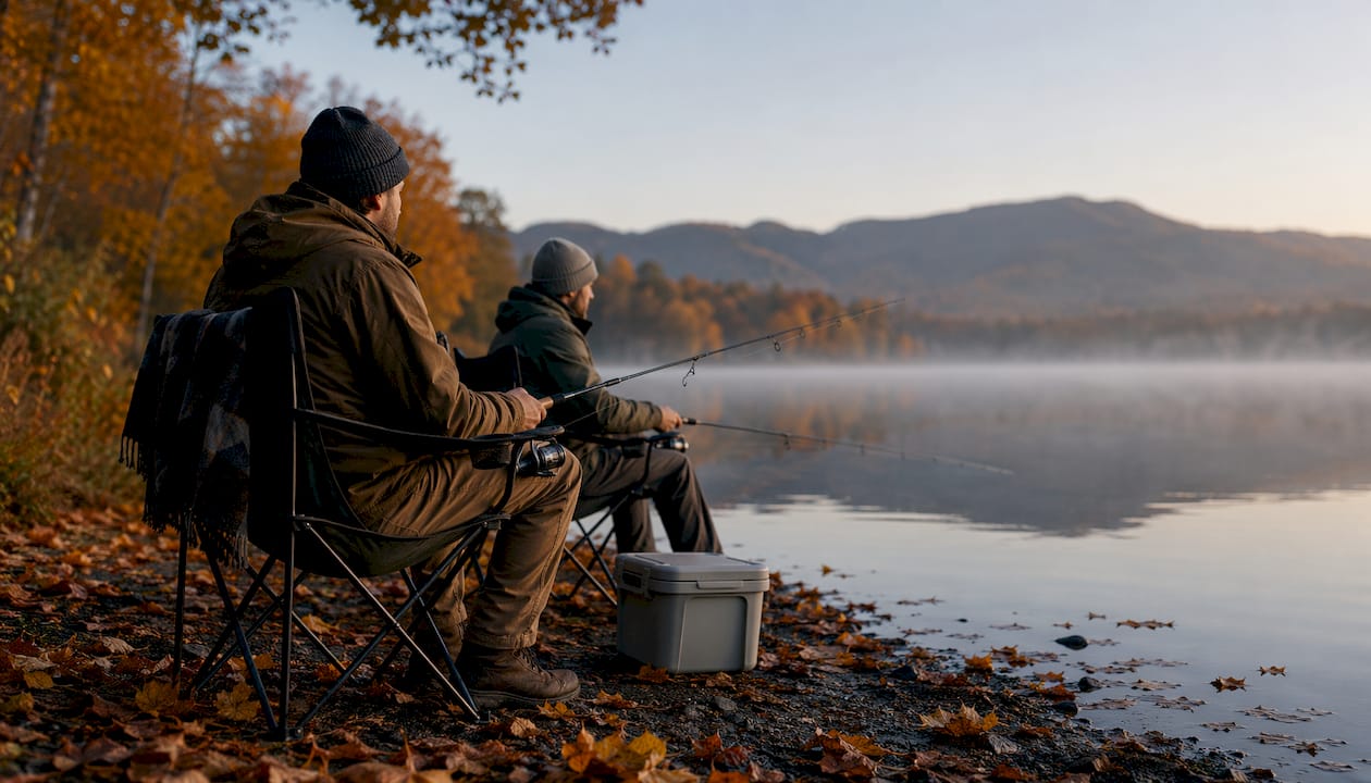Two anglers fishing on rocky riverbank in autumn