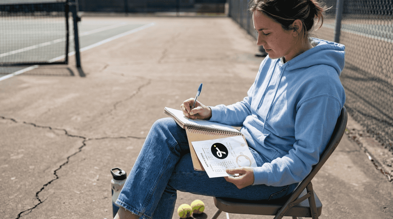 Woman noting tennis fantasy scoring courtside