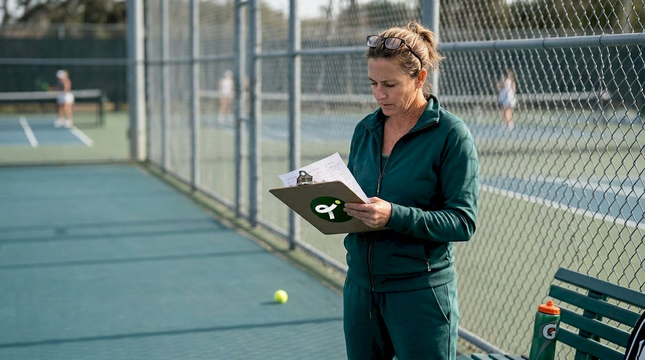 Tennis coach courtside reviewing match statistics