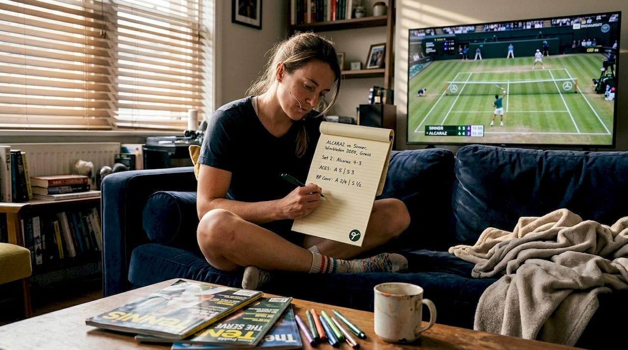 Woman analyzing tennis match stats on sofa