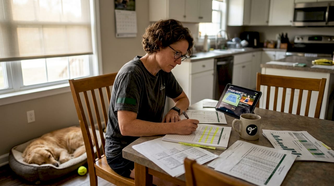 Woman analyzing printed tennis player stats