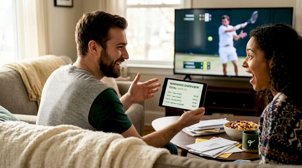 Friends celebrate a fantasy tennis payout win