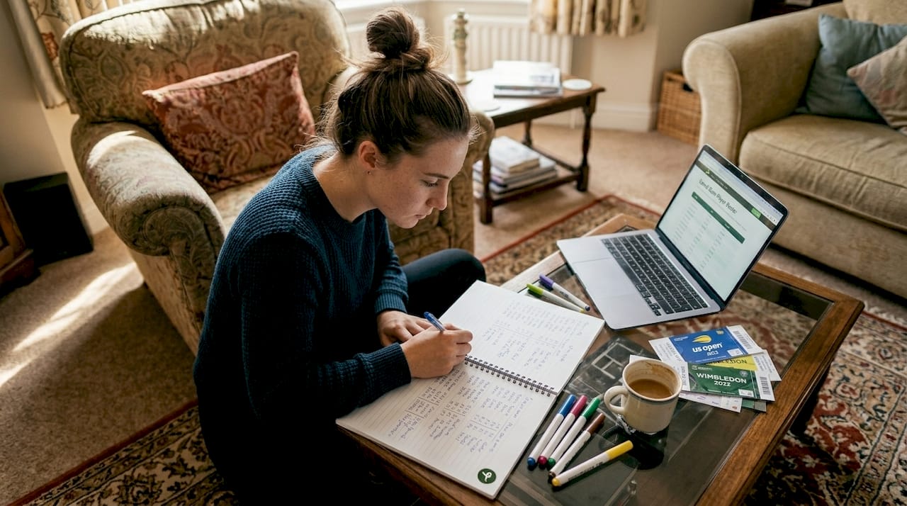 Woman writing fantasy tennis notes in living room