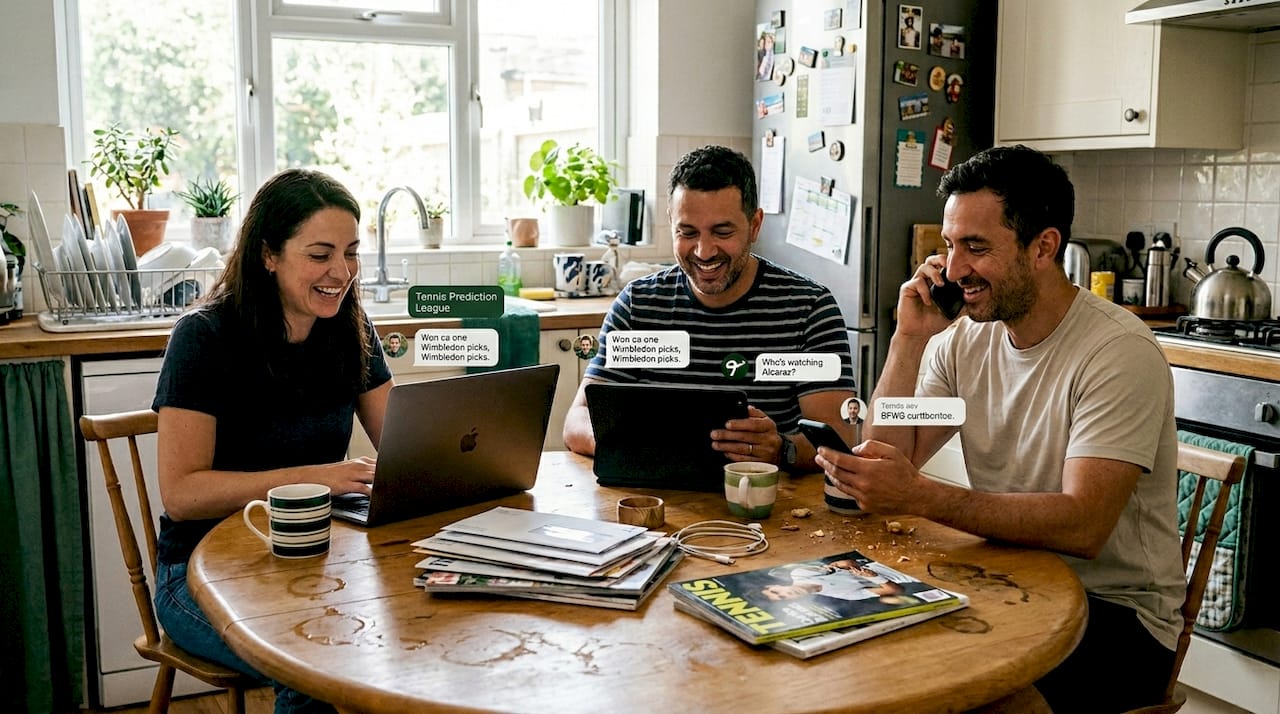 Group chats about tennis predictions at kitchen table
