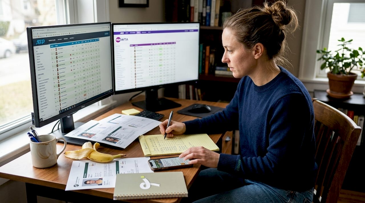 Woman researching tennis players in office