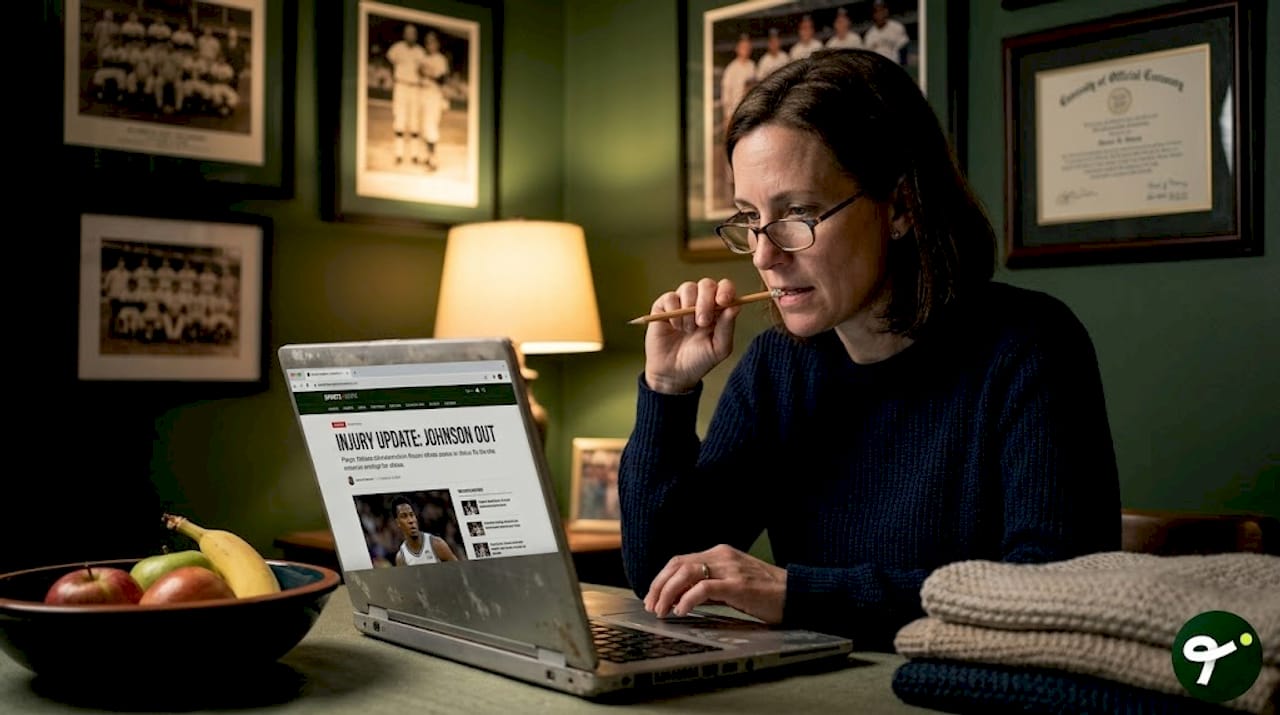 Woman reading injury reports for fantasy sports