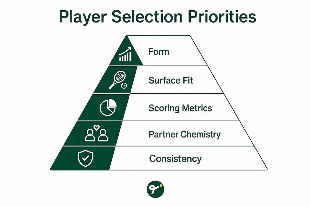 Infographic illustrating key player selection priorities in fantasy tennis