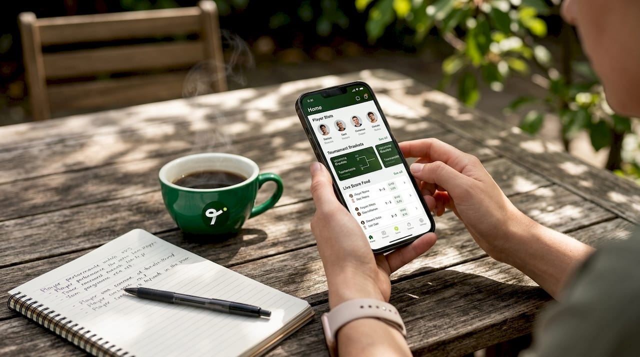 Hands holding phone showing fantasy tennis app