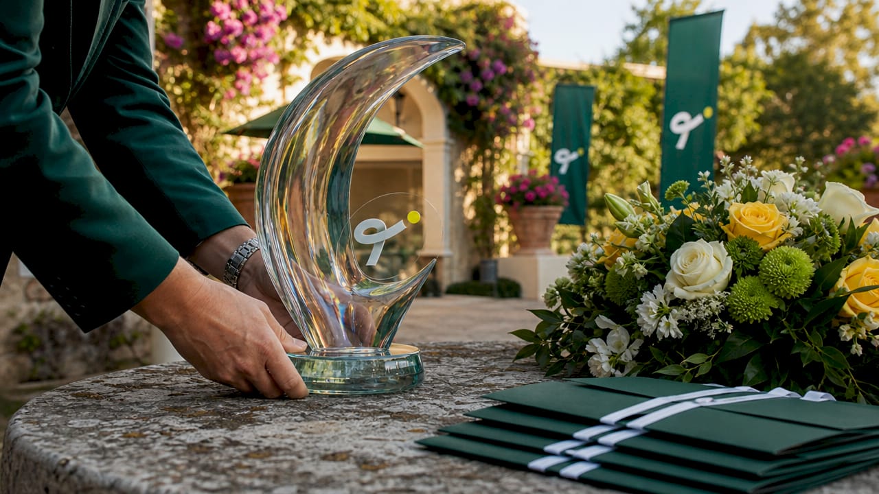 Tennis trophy and prize packets on table