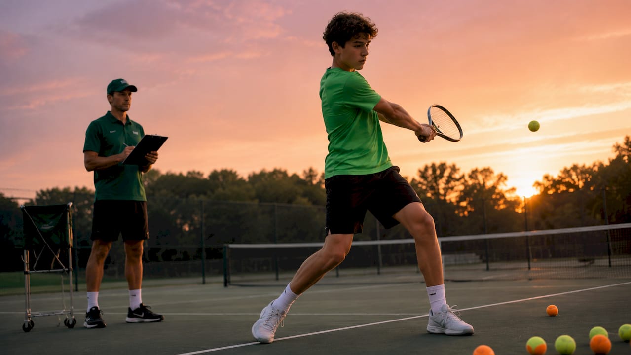 Junior tennis player practicing with coach indoors