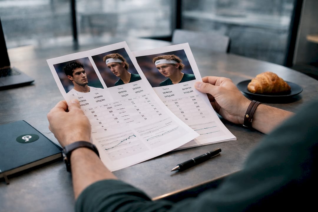 Overhead shot of tennis rivalry stats and notes