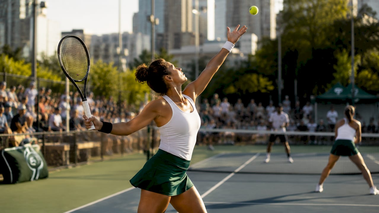 Female tennis player competing in professional match outdoors