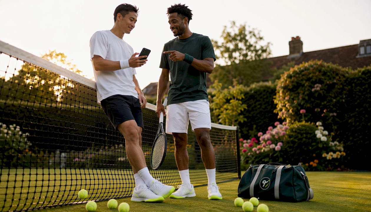 Two male tennis players scheduling matches