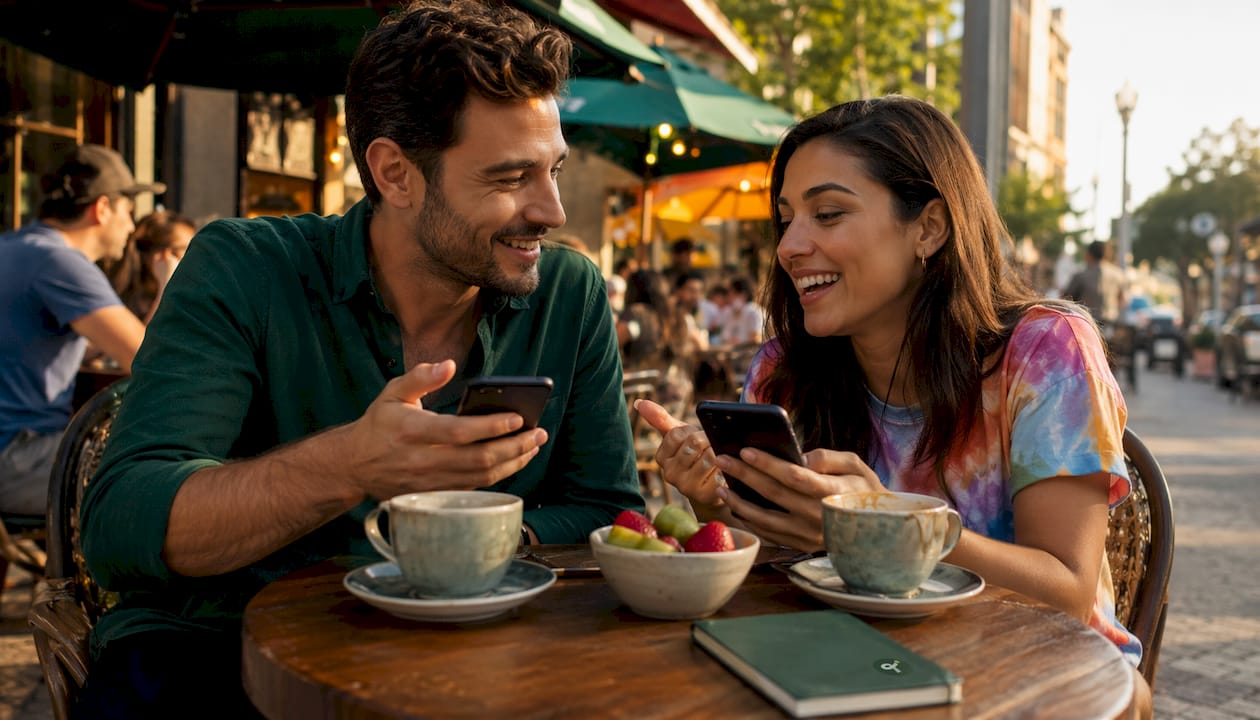 Two people discussing fantasy contest types at cafe