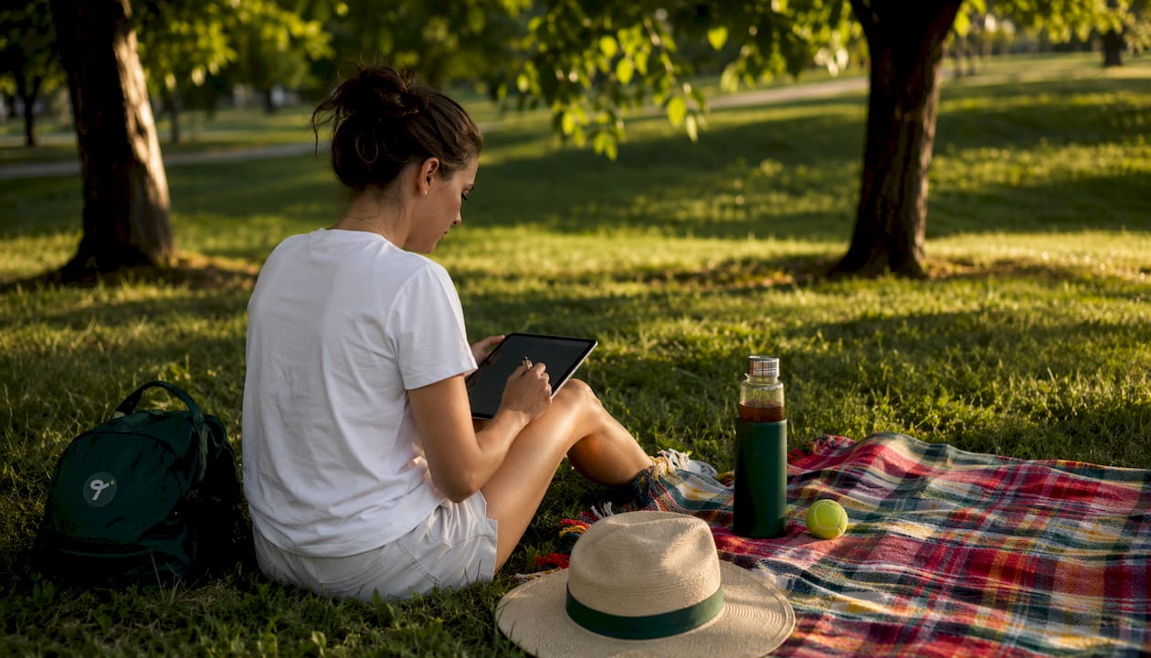 Woman drafting fantasy tennis team outdoors at café