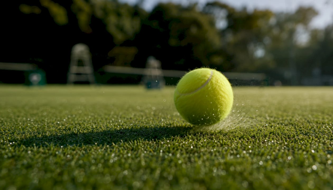 Close-up tennis ball bouncing on grass