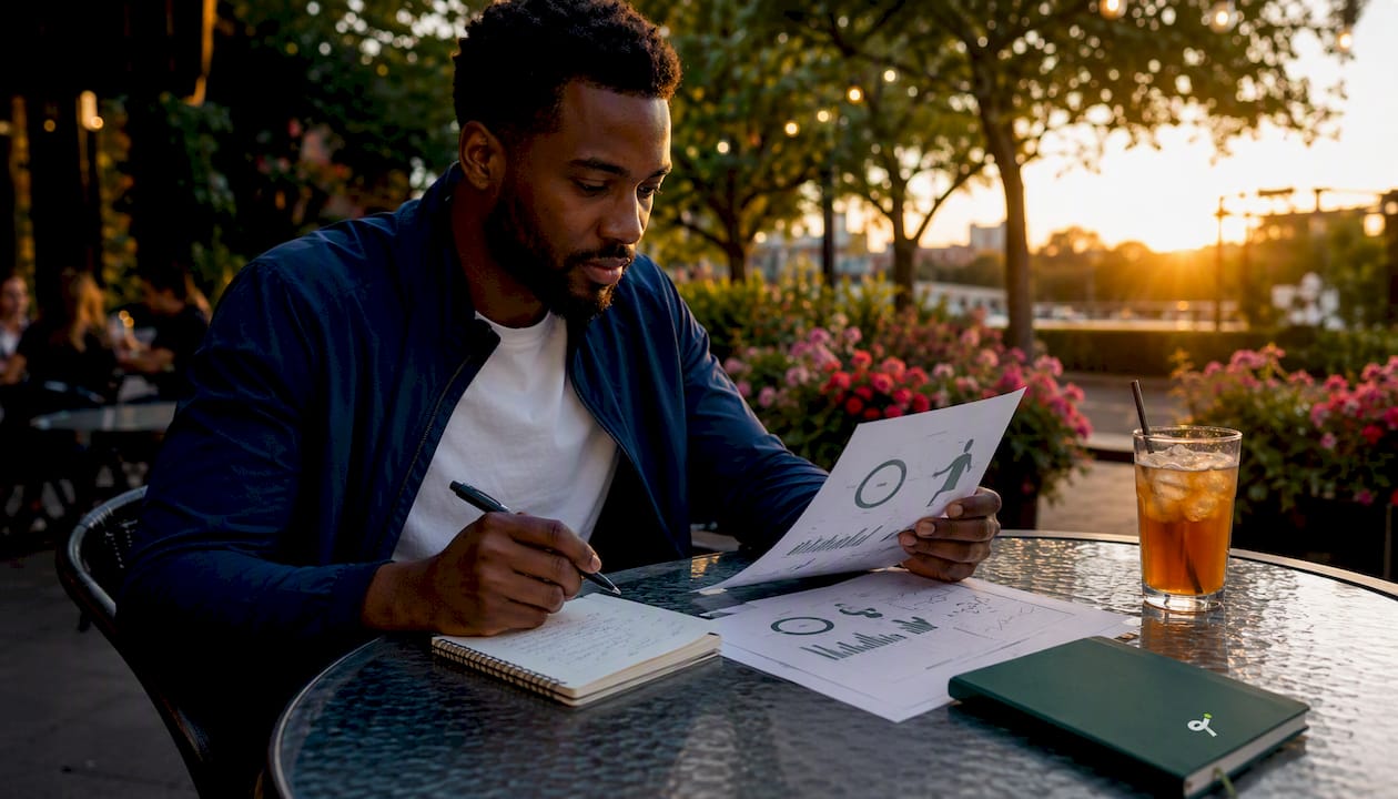 Man reviewing printed tennis analytics charts