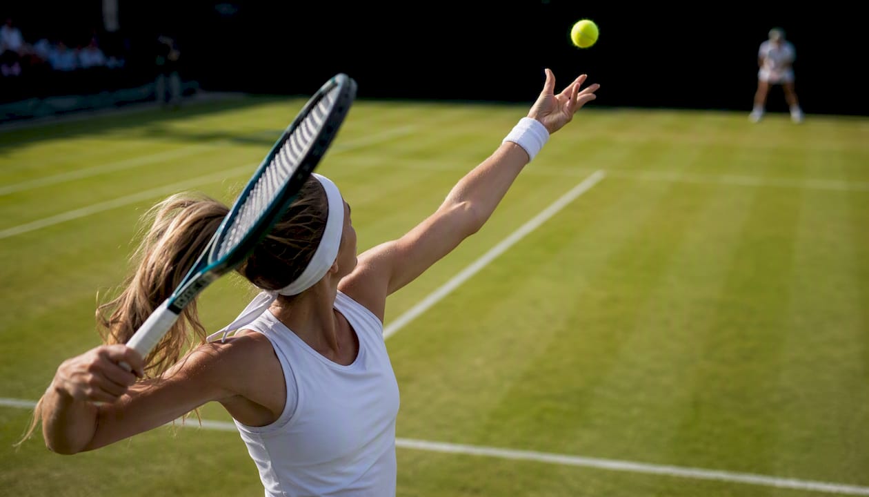 Grass court tennis player tossing ball to serve